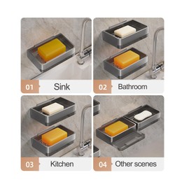 TANOVCEP No-Drill Wall Mount Soap Holder, Stainless Steel Soap Dish with 2 Hooks, Self-Draining Bar Soap Holder, Removable Shower Soap Holder for bathrooms, Showers, Kitchen Sinks (Gray, 1 PCS)