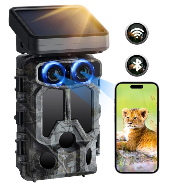Trail Cameras 4K 30FPS 60MP Dual Lens, 5000mAh Solar Power Starlight Night Vision WiFi Bluetooth Trail Camera with Motion Activated IP66 Waterproof for Wildlife Monitoring