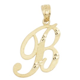 Ice on Fire Jewelry 14k Solid Real Gold Cursive Initial Pendant, English Alpahbet A-Z Letter Charm with Diamond Cut (B)