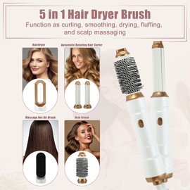 VOCOSTE Hot Air Brush, 5 in 1 Hair Dryer Brush, Detachable Hair Dryer Styler Volumizer Hair Straightener Comb Blow Dryer Electric Curling Wand Set, White Gold Tone
