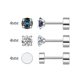 RoseJeopal 3 Pairs Stainless Steel Flat Back Stud Earrings Set Women, White Cubic Zirconia Small Surgical Steel Stud Earrings, Hypoallergenic Cartilage Medical Earrings for Women Girls, Stainless