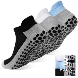 GRPSKCOS Mens Non Slip Socks 3 Pairs Anti Skid Thick Socks Sticky Grip Sock for Pilates Yoga Hospital Houses(03 Black+white+blue, 6-10)