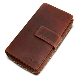 ROYALZ 'Viola' Elegant Women's Large Genuine Leather Wallet - Long Wallet with 10 Card Slots and RFID Protection - Vintage Design Wallet with Many Compartments, Roma Cognac Brown