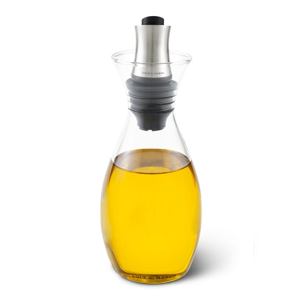 Cole & Mason Haverhill Oil and Vinegar Pourer, 450ml, Oil Dispenser/Vinegar Dispenser, Glass/Stainless Steel, 210 mm, Single, Oil Bottle/Vinegar Bottle with Flow Control