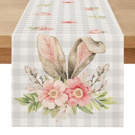 Easter Table Runner 40 x 180 cm – Modern Table Runner with Rabbit and Flowers Pattern Washable Spring Easter Decorative Table Runner for Seasonal Parties Dining Room