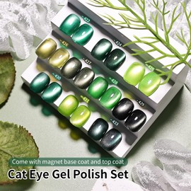 JODSONE 10 Colors Green Cat Eye Gel Nail Polish Set with Magnetic Base Coat and Top Coat for DIY Various Shapes of Cat Eye at Home Nail Salons