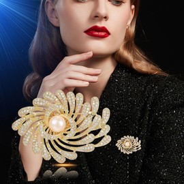 UNVAK Rhinestone Fireworks Brooch Pin - 18k Gold Plated Pearl Lapel Pin Jewelry for Thanksgiving Day, Birthday Gifts, Dress Accessories for Mom, Wife