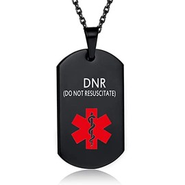 GMXLin DNR Medical Alert ID Necklace Pendant for Men Women Black Stainless Steel Engraved Medical ID Tag Emergency Med Alert Necklace Jewelry
