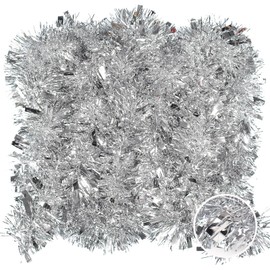 RECUTMS 5 Pieces 30 Feet Silver Tinsel Garland Christmas Garland Metallic Foil Tinsel Garland Hanging Christmas Tree Wreath Christmas Indoor and Outdoor Decorations(Silver)