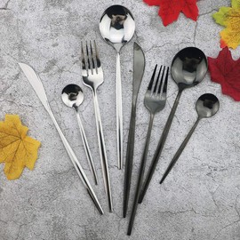 JASHII 32 Piece Titanium Black Plated Stainless Steel Flatware Set, Black Cutlery Set, Black Silverware Set, Service for 8 (Black Full)