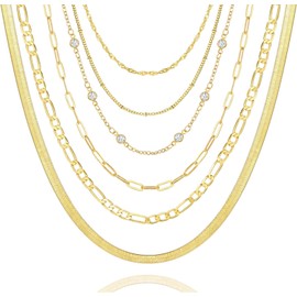 Tomovely 6PCS Gold Layered Chain Necklaces for Women,18k Gold Dainty CZ Choker Necklace Trendy, Adjustable Layering Necklace Set for Women Gifts