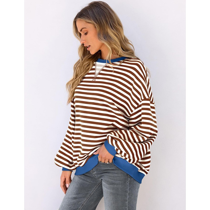 UEU Womens Long Sleeve Sweatshirt Casual Trendy Crewneck Striped Color
