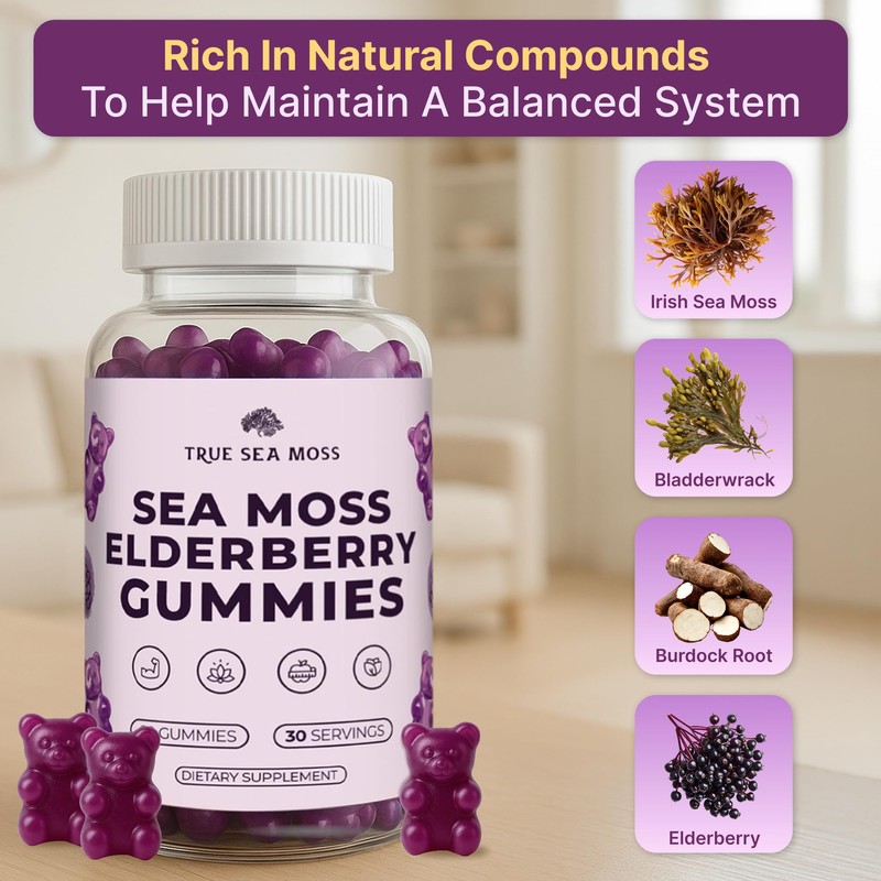 TrueSeaMoss Sea Moss Gummies with Elderberry, Burdock Root and Bladderwrack