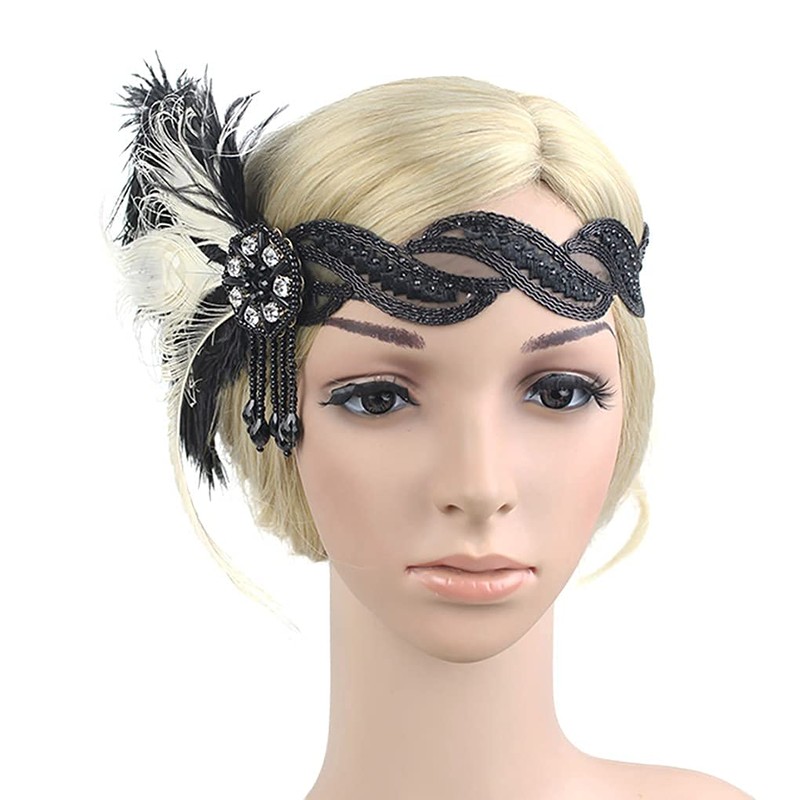 Flapper Girl Black Ivory Ostrich Feather Headpiece, Black-ivory, Size One