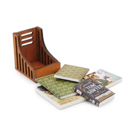 Cutemini Dollhouse Miniature Desktop Bookshelf with Books Set Wooden Bookcase Furniture Miniature Desktop Organiser Mini House Decoration (B Style 5 Books)