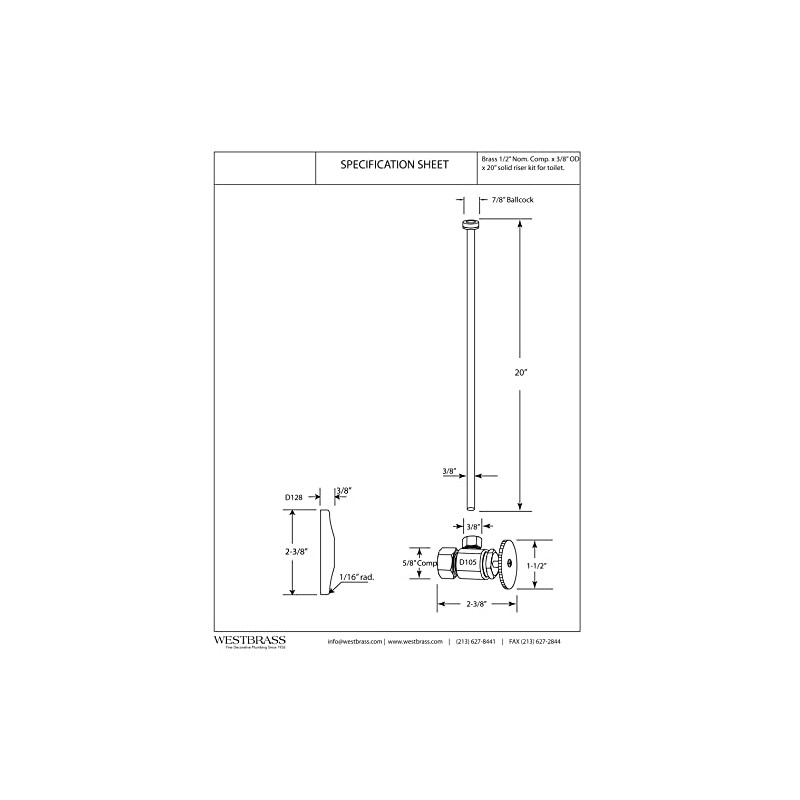 Westbrass A105KFH-62 5/8" x 3/8" OD x 20" Flat Head