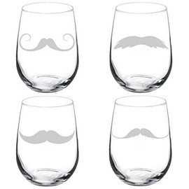 Set of 4 Wine Glass Goblet Mustache Set (17 oz Stemless)