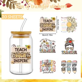 Rngmsi Teacher UVDTF Cup Wrap - 20 Sheets Leopard Print UV DTF Cup Wraps for 16 oz Glass, Rainbow Butterfly Flower Stickers for Water Botters, Waterproof Rub on Transfer Decals, DIY Teacher Gift