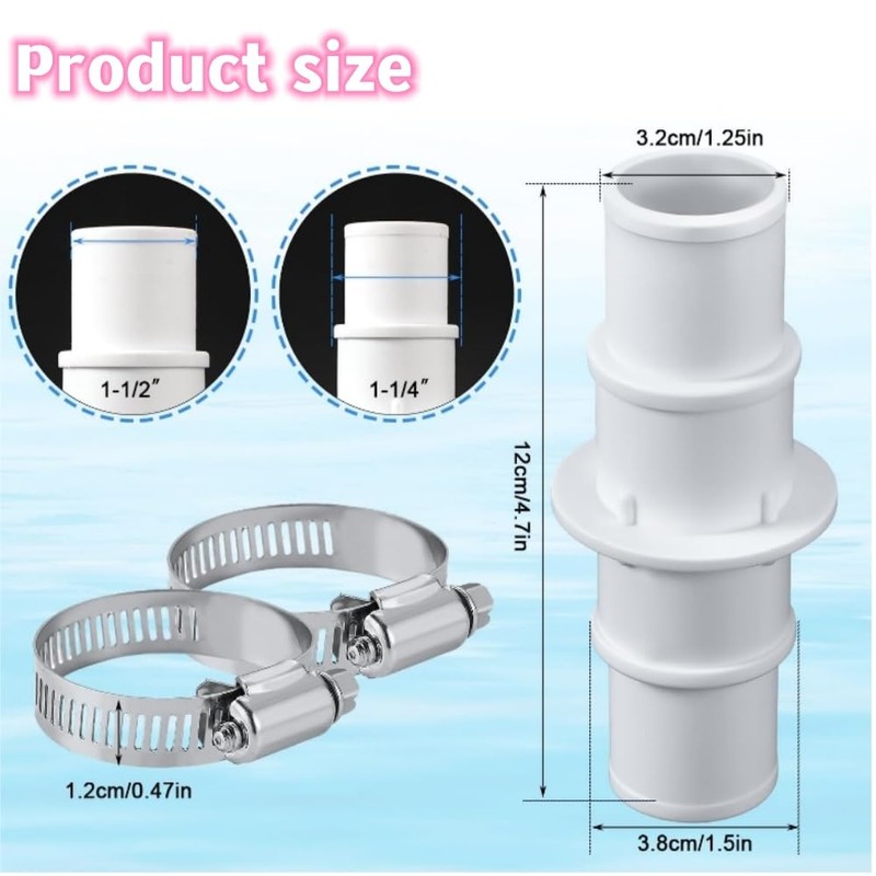 Pool Hose Adapter Connector,with 2pcs Stainless Steel Hose Clamps 1-1/4"