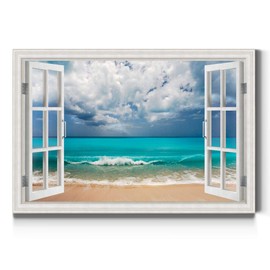 Renditions Gallery Canvas Wall Art Home Decorations Fake Window View of Blue Ocean Sandy Beach Artwork Pictures & Prints for Bedroom Dining Living Room Office Home Kitchen Decor - 18"X27" LT01