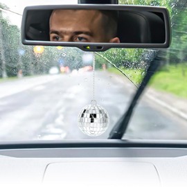 Xinjoduz 1 PCS Disco Ball, 2.1 Inch Silver Disco Car Hanging Ornament Mini Disco Balls Rear View Mirror Accessories Bling Beaded Disco Ball Car Decor for Women Men Disco Birthday Party Decorations