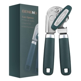 Beneno Can Opener Manual with Magnet, Hand Held Heavy Duty Can Opener with Durable Sharp Blade Smooth Edge, Big Effort-Saving Knob, Soft Grip Rubber Handle, Multifunctional Bottle Opener, Green