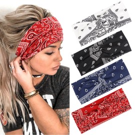 Haarband Damen Boho Criss Cross Stirnband Damen Stirnbänder Elastische Haarbänder Rutschfest Turban Vintage Gedruckt Stilvolle Sport Geknotetes Haarband Haaraccessoires 4 Stück