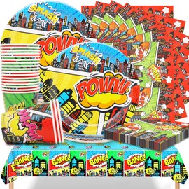 Superhero Party Tableware Set – Superhero Party Plate Set Includes 20 Plates 7 inches, 20 Cups 9 oz, 20 Napkins and 1 Tablecloth for Birthday Children Boys Girls Party Decorations