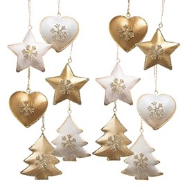 Logbuch-Verlag 12 Christmas Tree Pendants Stars Hearts Trees Metal Gold White 5 cm – Christmas Decoration for Hanging