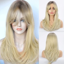 LuoLeiNa Long Blonde Wig with Bangs for Women, Synthetic Layered Hair Shoulder-Length Heat Resistant Fibre Medium Length Wig with Dark Roots for Daily (Bangs Ombre Blonde)