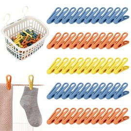 Sprifityy 50 Pieces with Basket Clothes Pegs with Basket Clothes Pegs Sturdy without Imprint Soft Clips Made of Plastic, Non-Slip Clothes Pegs for Washing Line or Clothes Airer (Green, Orange, Yellow)