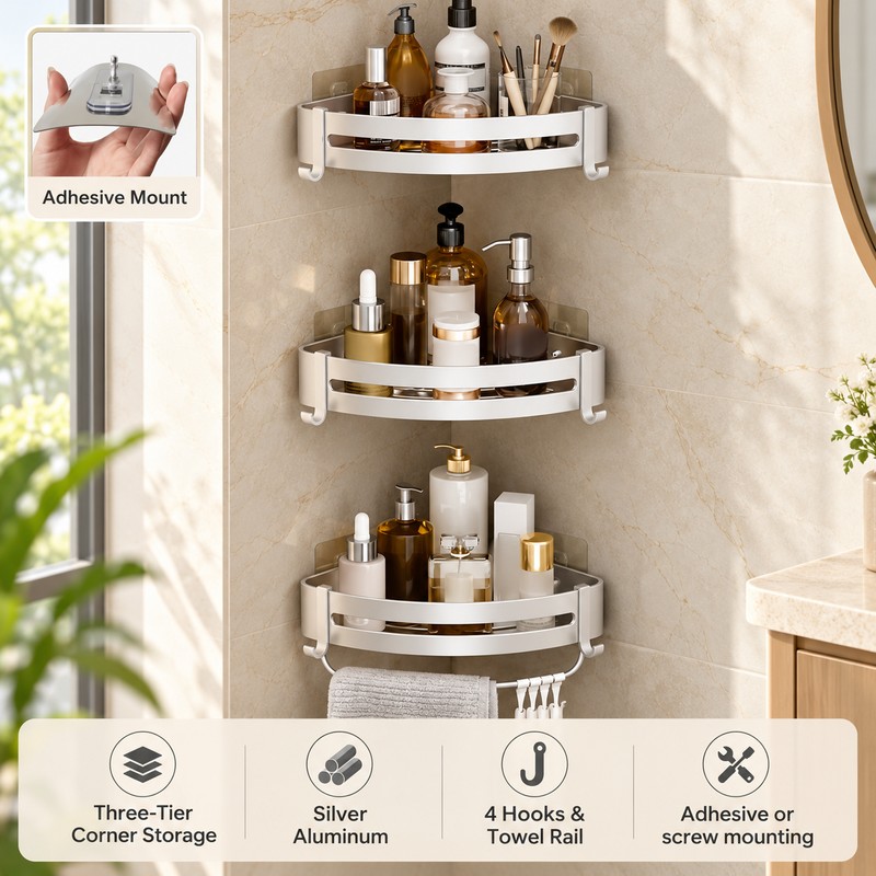 Aluminum Shower Caddy for Bathroom Storage – No-Drill Wall-Mounted Organizer