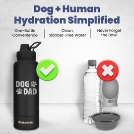 Dog Water Bottle for Dog Dads - 32 oz Stainless Steel Double Wall Insulated Water Bottle with 8 oz Detachable Bowl - Ideal Pet Lover Gifts for Men for Father's Day - “Dad” - Black