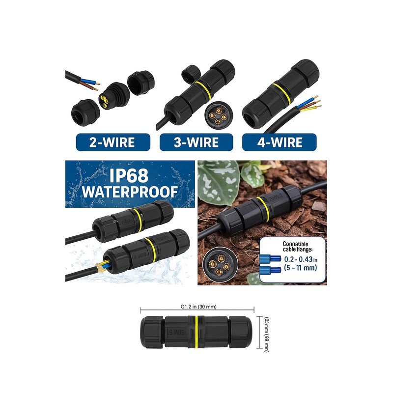 Temeloko IP68 Waterproof 2 Way Cable Connector–4–10 mm Wire Diameter –Outdoor