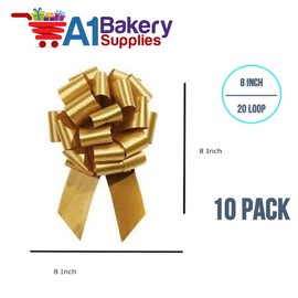 Holiday Gold Pull String Bows - 8 Inch Wide 20 Loops Large (2 and 1/2 Inch Ribbon) Set of 10 by A1 Bakey Supplies