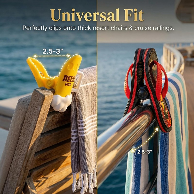Beach Vacationers' Towel Clips for Beach, Pool, and Cruise Chairs,