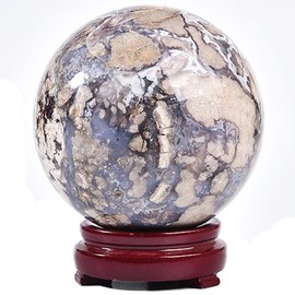 JIC Gem Large Blue Cherry Blossom Agate Crystal Ball with Stand Crystal Sphere Natural Sakura Flower Agate Stone Reiki Healing Meditation Witchcraft Home Decor 3.5-4 inch(90-100mm)