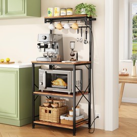 Kitchen Bakers Rack with Power Outlet 10 Hooks, 4 Tiers Coffee Bar Station Cabinet, Microwave Stand with Storage (Rustic Brown, 21.7 x 14.2 x 49.6 Inch)