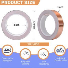 YSYONM Copper Foil Tape 1" x 65ft Conductive Metal Foil Adhesive Tape for Guitar, EMI Shielding, Crafts, Stained Glass, Solder Paper Circuit, Electrical Repairs and Grounding