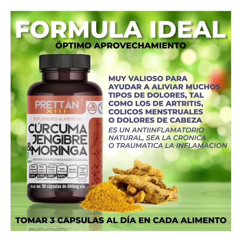 Crcuma Jengibre Y Moringa Prettan Suplemento 600mg 90 Caps Sin