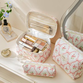 HBselect 3 PCS Quilted Makeup Bag, Cotton Large Travel Makeup Bag, Cute Floral Coquette Make up Bag Cosmetic Bag Toiletry Bag for Women Girls