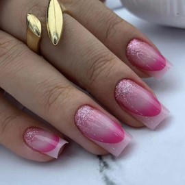 MERVF Square Press on Nails Medium Fake Nails Pink French Tip Glue on Nails Press ons with Ombre Glitter Design Squoval Acrylic Nails for Women Glossy 24pcs