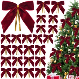 Tsorode 24 Pcs Velvet Bows for Christmas Tree,Small Velvet Ornaments Christmas Tree Bows for Gift Wrapping Door Vintage Garland Wreath,Rustic Holiday Decor-1" Wide,3.5 x 3.5 Inch (Burgundy)