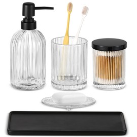 Shinowa Bathroom Accessories Set, 5 Pcs Clear Glass Bathroom Accessory Sets Complete with Soap Dispenser, Toothbrush Holder, Q-Tips Holder, Soap Dish, Ceramic Tray, Countertop Vanity Organizer