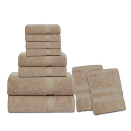 GOLD TEXTILES Luxury 10 Piece Towel Set, (Bath Towel 27x54, Hand Towel 16x30, Washcloth 13x13, Bath Mat 22x34) Ultra-Plush Absorbent Cotton Towels for Bathroom (Sand, 10 Piece Towel Set)