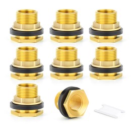GASHER 8PCS Brass 1/2" Female 3/4" Male Bulkhead Tank Connector Adapter Fitting with Rubber Ring