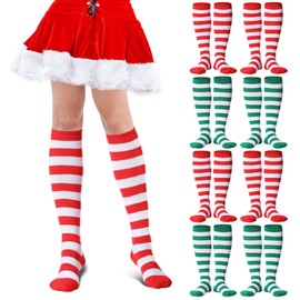 Glitopper 8 Pairs Striped Christmas Knee High Socks Elf Socks Bulk Xmas Socks Red White Green Christmas Gifts Stocking(Red Green, M)