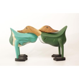 Brave Wings Hand Carved Wooden Bamboo Duck ~ A Pair of Ducks in Green Suit and Dress 32cm Long ~ Ornament Sculpture Figurine Statue Unique Table Decoration Home Decor ~ 2719