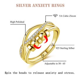 Kamise Silver Anxiety Ring, 925 Sterling Silver Fidget Ring for Anxiety Women, Adjustable Open Spinner Fidget Rings with 5 Beads & White Zircon, Infinity Gold Anxiety Ring for Stress Women Daughter