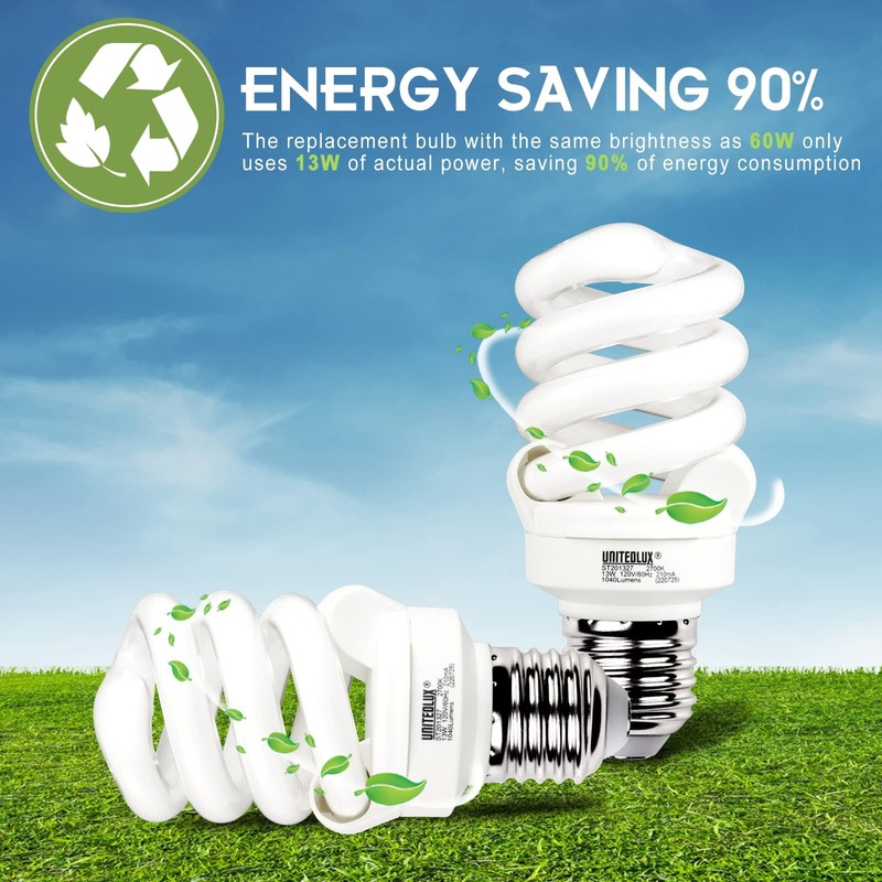 UNITEDLUX E26 Spiral CFL Light Bulbs Medium Base 13Watt (60Watt